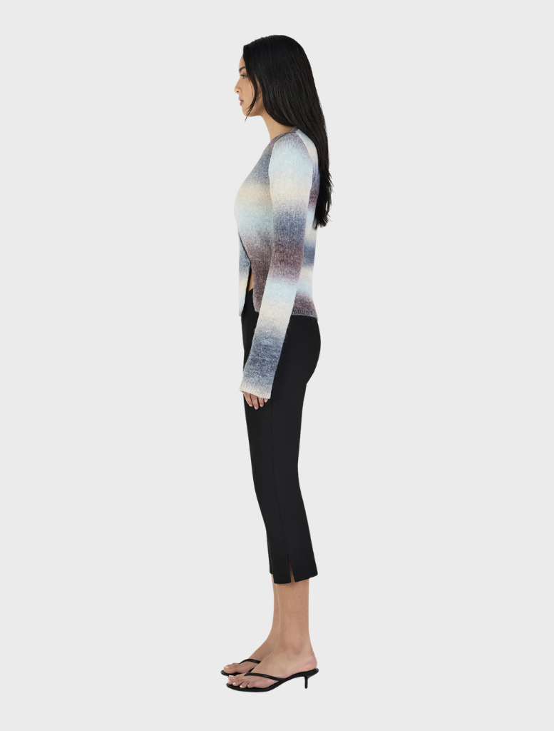Stylish cocoa gradient cardigan with an asymmetrical cut, perfect for adding warmth and flair to any outfit.
