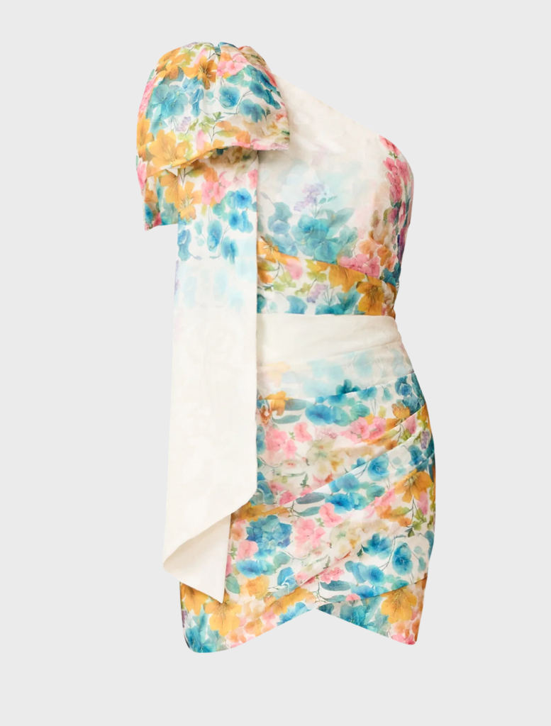 Stylish clementina one-shoulder mini dress with a multi floral print, emphasizing its chic design and vibrant colors.