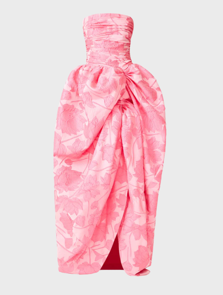 Elegant pink strapless ball gown featuring a structured bodice and a voluminous skirt, ideal for special events.