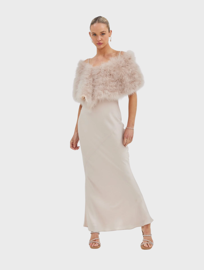 Lottie Wrap in blush, made from upcycled Marabou Feather, features a double hook-and-eye closure and satin lining.