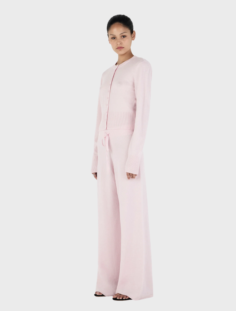 Elegant blush Lucielle Cashmere Cardigan, emphasizing its refined style and plush material, ideal for any occasion.