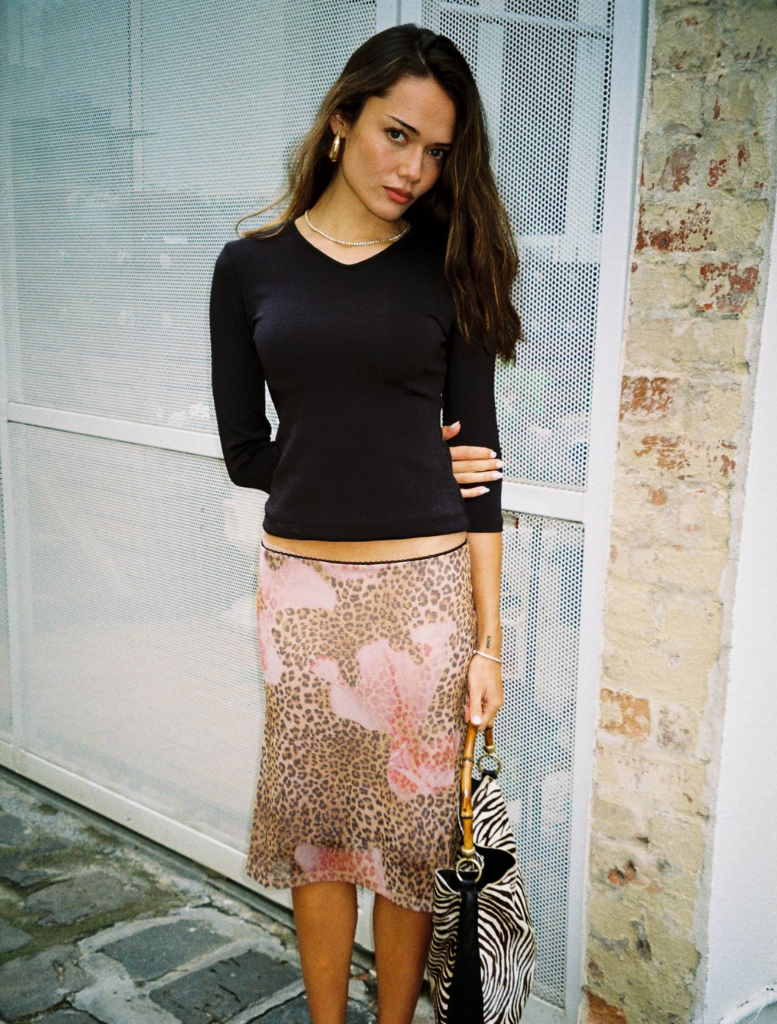 A midi skirt featuring a mesh design with a leopard print pattern, showcasing a stylish and trendy look.