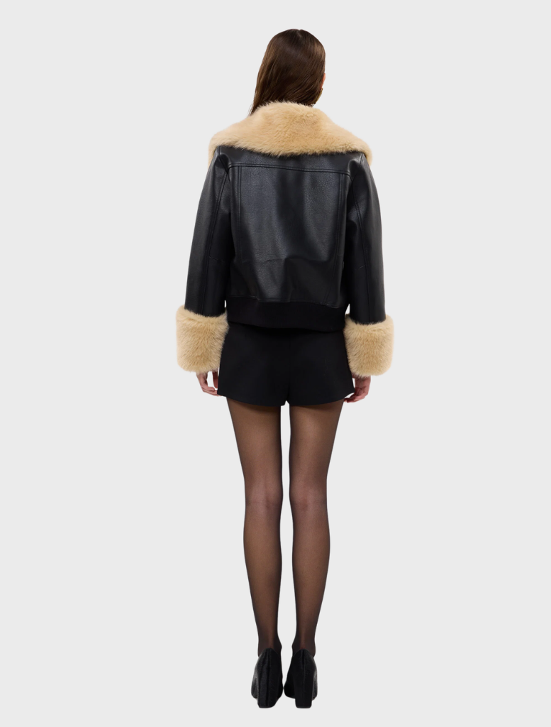 Black Willow Jacket with leather-look finish, shearling accents, oversized collar, and relaxed fit for versatile layering.