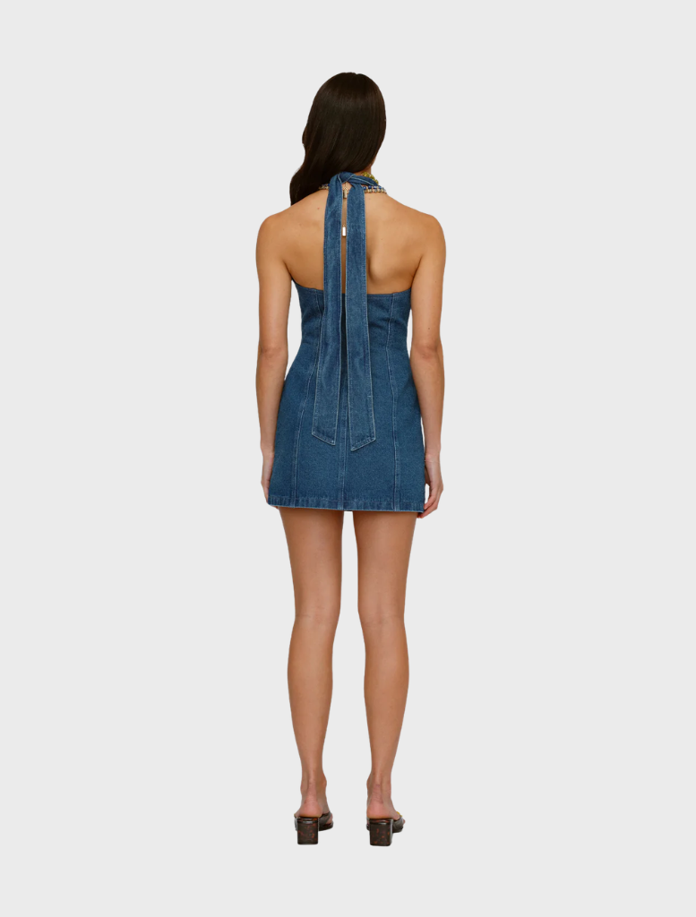 Trendy bluestone denim mini dress featuring a fitted design and short sleeves, ideal for casual summer occasions.