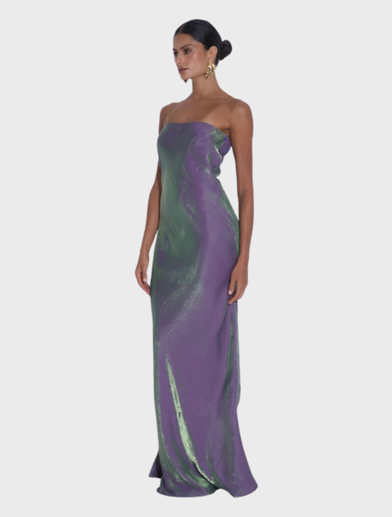 Elegant strapless York Dress in Serpent Shimmer, designed with pleats for a graceful, figure-flattering silhouette.