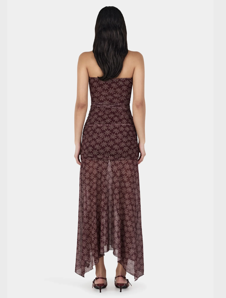 A patterned fabric defines the Zella Midi Dress, featuring a cheerful daisy dot design in cherry hues.