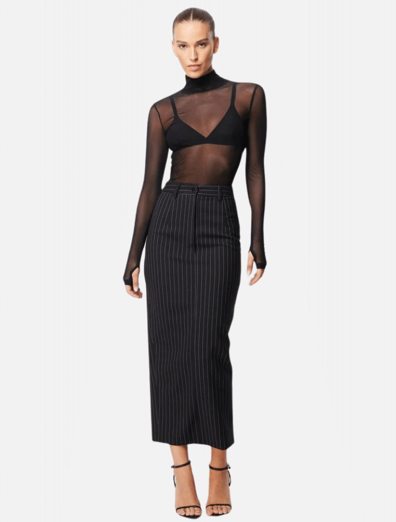 In Denial Column Skirt - Pinstripe | brand-Mossman, Denim Skirt, High waist skirt, price-$200 - $250, Skirt, skirts | Mossman