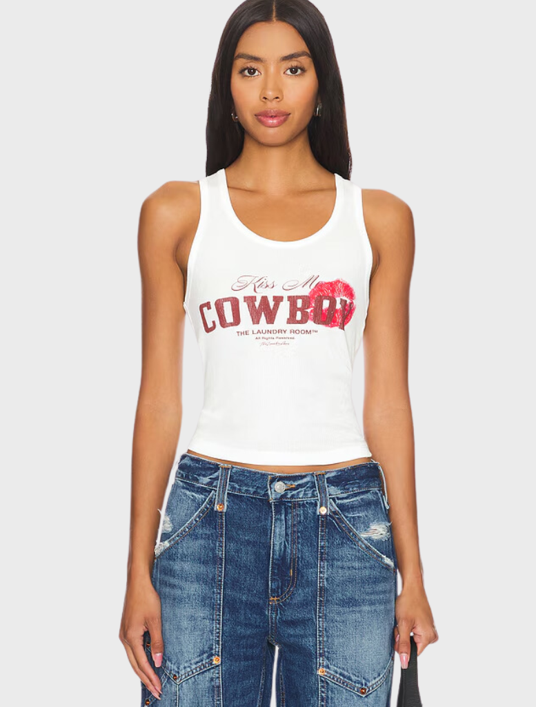 Clothing Kiss Me Cowboy Rib Tank - White