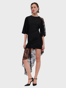 Clothing Cannes Lace Panel Cape Sleeve Dress - Black