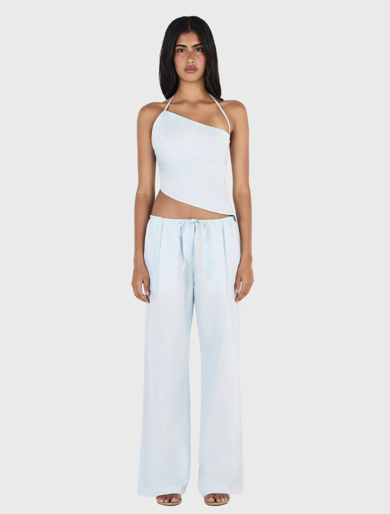 Cornflower blue relaxed straight-leg pants with adjustable waist drawcord and side seam pockets for everyday wear.