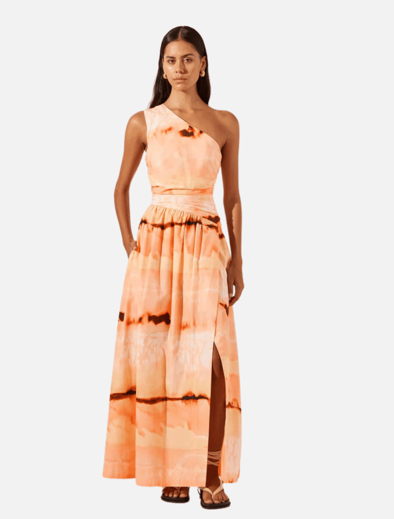 Larissa Asymmetrical Gathered Maxi Dress - Peach/Multi Larissa Asymmetrical Gathered Maxi Dress - Peach/Multi
