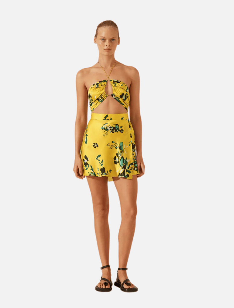 Romilly Silk Cross Front Cut Out Mini Dress - Canary/Multi - Insurge Clothing