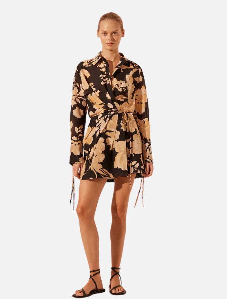 Clothing Draped Shirt Mini Dress - Black/Multi