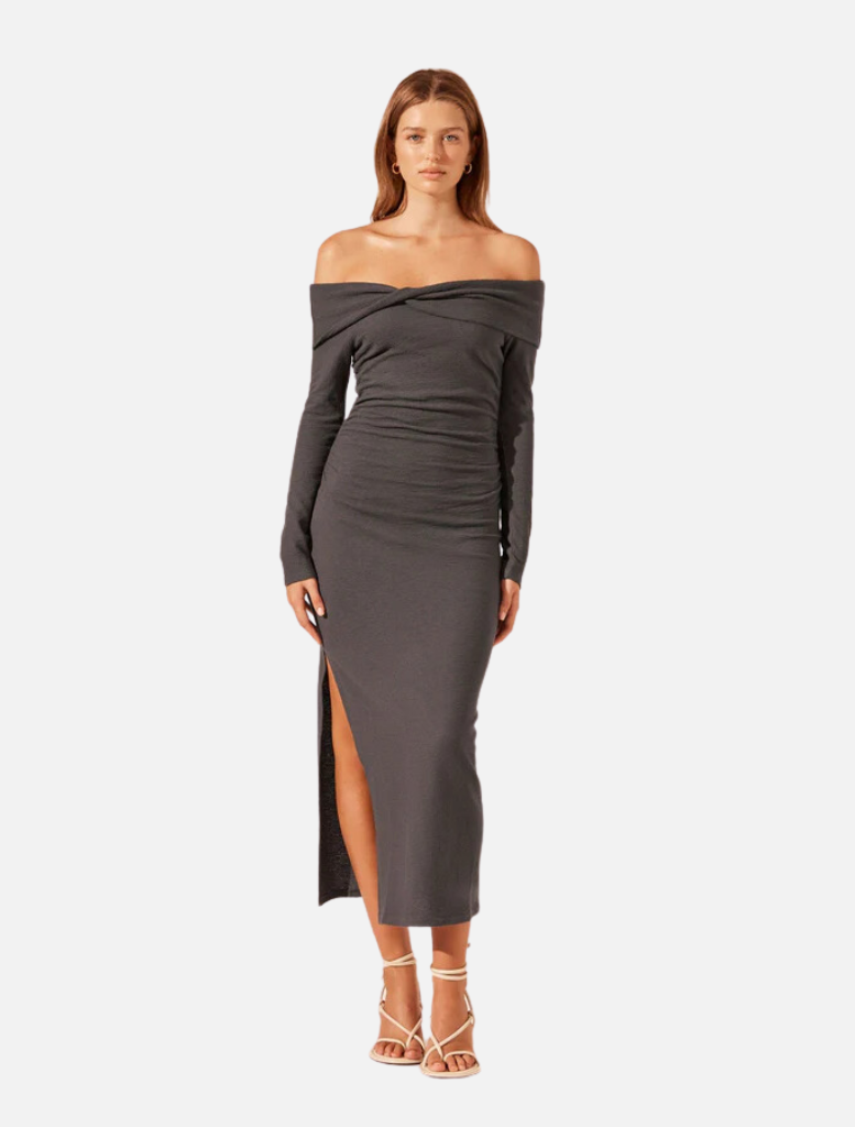 clothing Off Shoulder Twist Front Midi Dress - Dark Ash