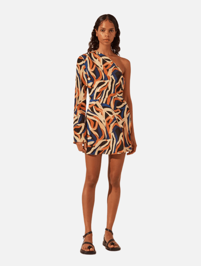 Palma Silk One Shoulder Mini Dress - Cobalt/Multi - Insurge Clothing