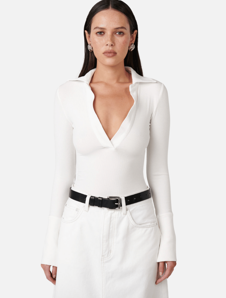 Celine Bodysuit - White | Clothing | Basic top, Bodysuit, Bodysuits, brand-Bayse, Clothing, Collared Top, Knit Top, Long Sleeve Top, Long Sleeve Tops, price-$50 - $100, Shirts & Tops, Top, Tops | Bayse