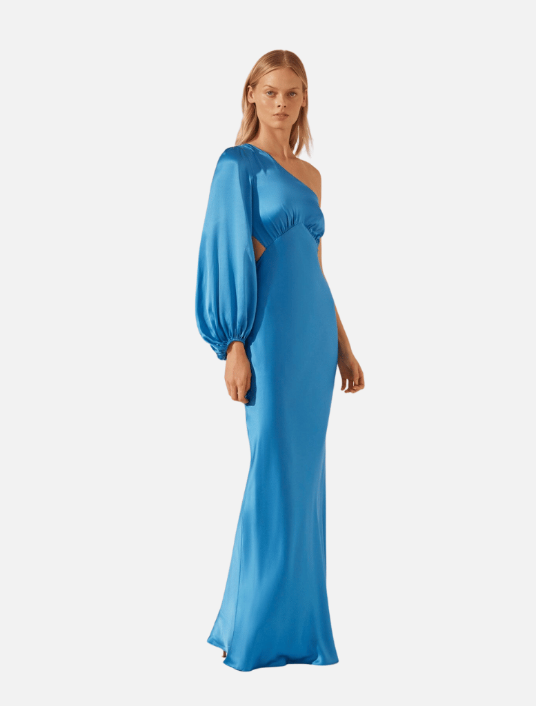 Ciel Silk One Shoulder Open Back Maxi Dress - Aqua - Insurge Clothing