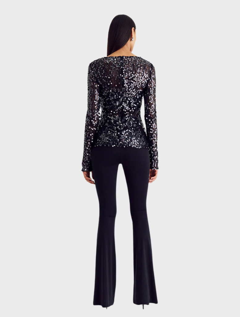 Clothing Ava Lace Sequin Long Sleeve Top - Black