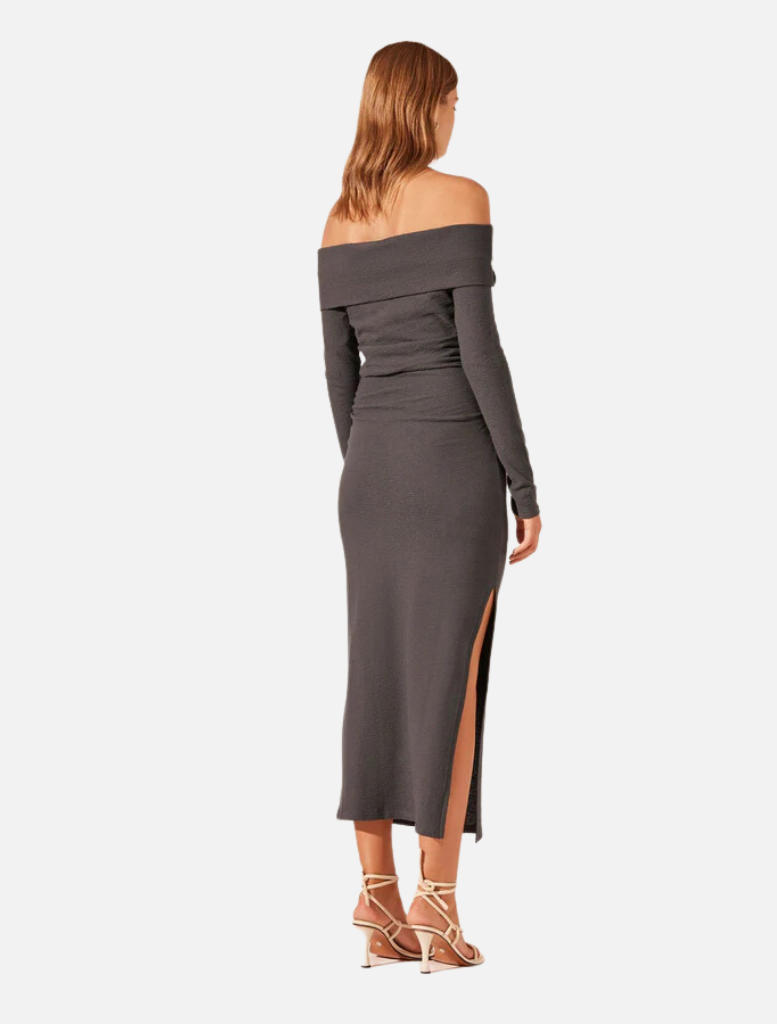 clothing Off Shoulder Twist Front Midi Dress - Dark Ash