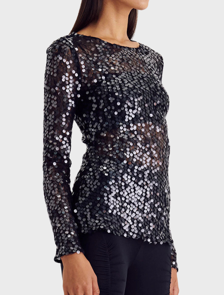 Clothing Ava Lace Sequin Long Sleeve Top - Black