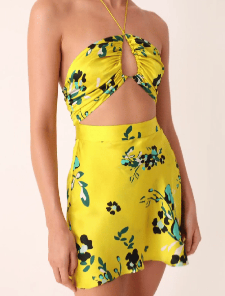 Romilly Silk Cross Front Cut Out Mini Dress - Canary/Multi - Insurge Clothing