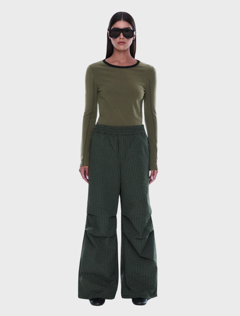 Olive check wide-leg pull-on pant with elastic waistband and adjustable drawcord hems for a relaxed fit and contemporary style.