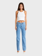 Mid-rise straight jeans named Debbie, featuring a classic fit and versatile style for everyday wear.