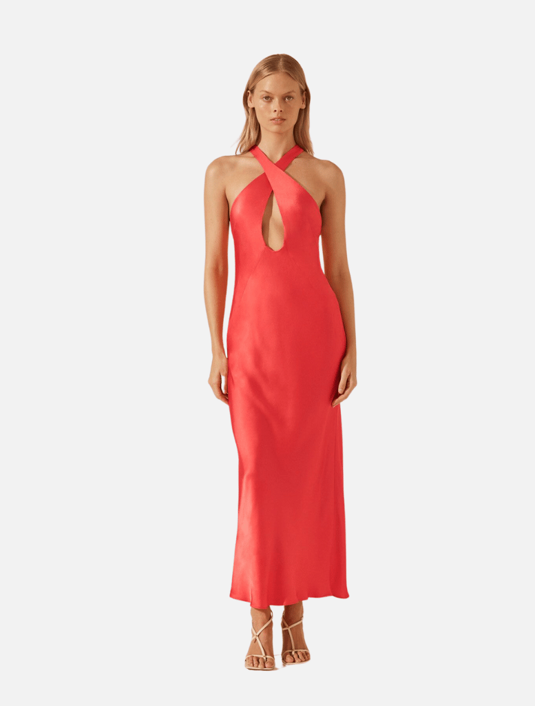 Lydie Cross Front Cut Out Midi Dress - Poppy Red | Clothing | brand-Shona Joy, Clothing, Cocktail Dress, Dress, Dresses, halter neck dress, Midi Dress, Midi Dresses, Party Dress, price-$250+, Summer Dress | Shona Joy