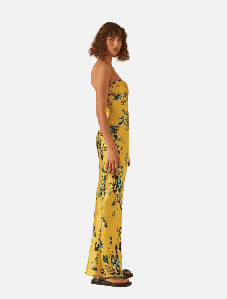 Clothing Romilly Silk Ruched Bodice Maxi Dress - Canary/Multi