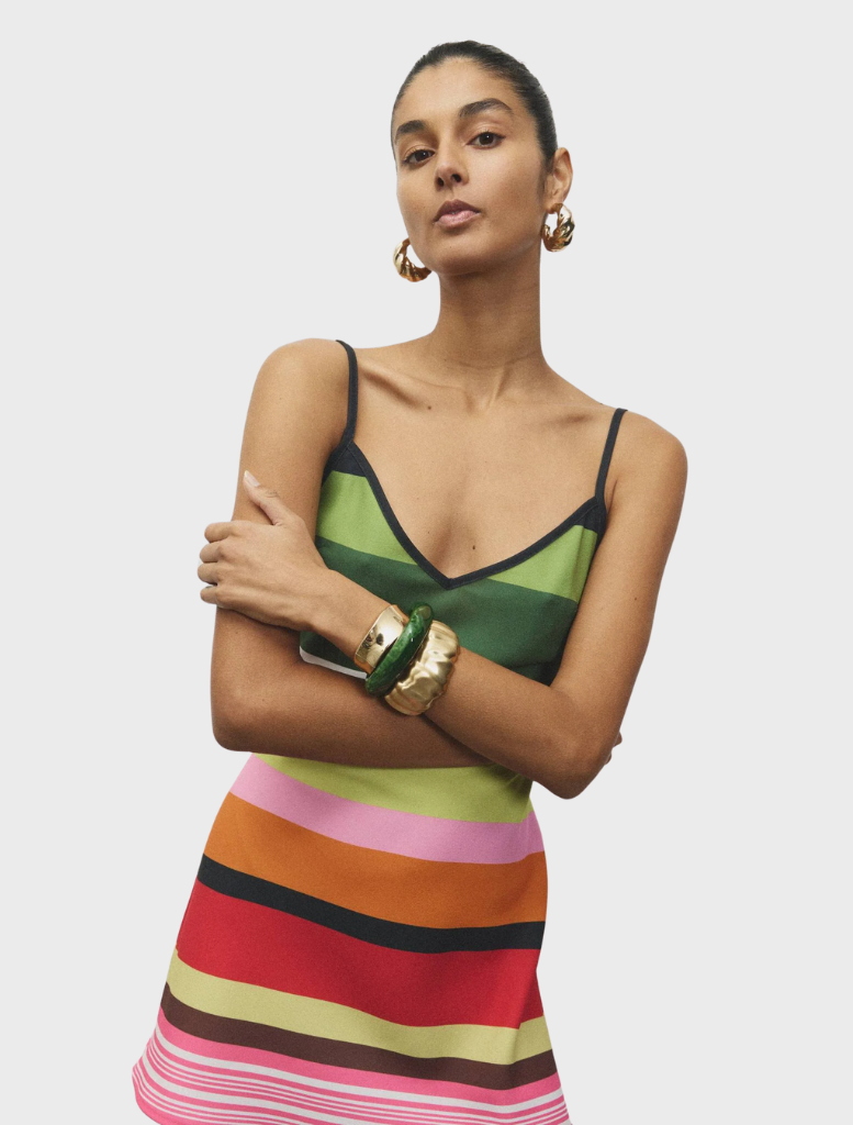 Emerald striped mini dress featuring a fitted silhouette and short sleeves, perfect for casual or semi-formal occasions.