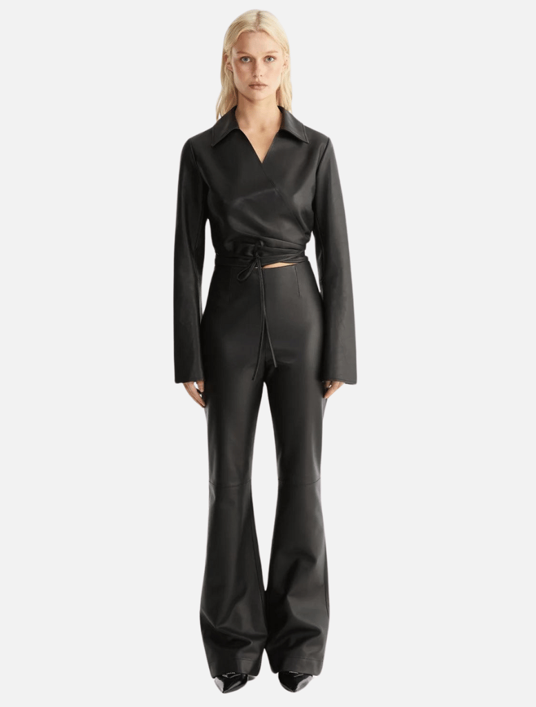 Morgan Flare Leather Pant - Black | Clothing | Black Pants, brand-Ena Pelly, Clothing, full length pants, High Waisted Pants, Leather, Leather pants, Long Pant, Pant, Pants, price-$250+, slim pants, wide leg pant | Ena Pelly