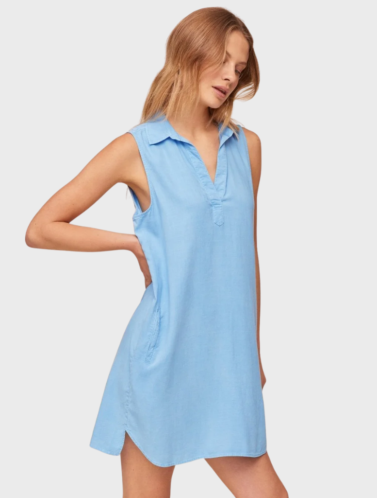 Tidal blue sleeveless A-line dress, designed for comfort and style, perfect for summer events or casual outings.