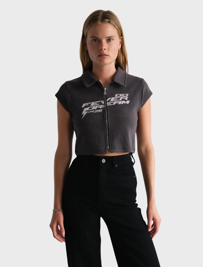 Charcoal Addison Polo shirt displayed on a hanger, featuring a classic collar and short sleeves.