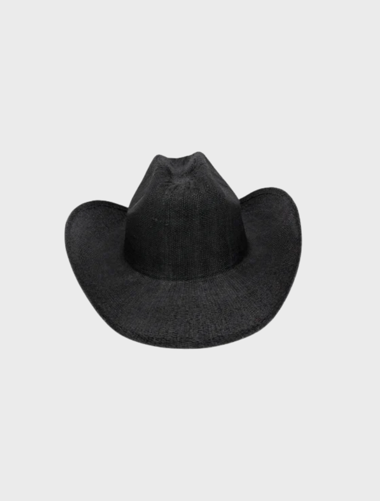 Black Addison Cowboy hat with a wide brim and decorative stitching, ideal for western-themed outfits and events.