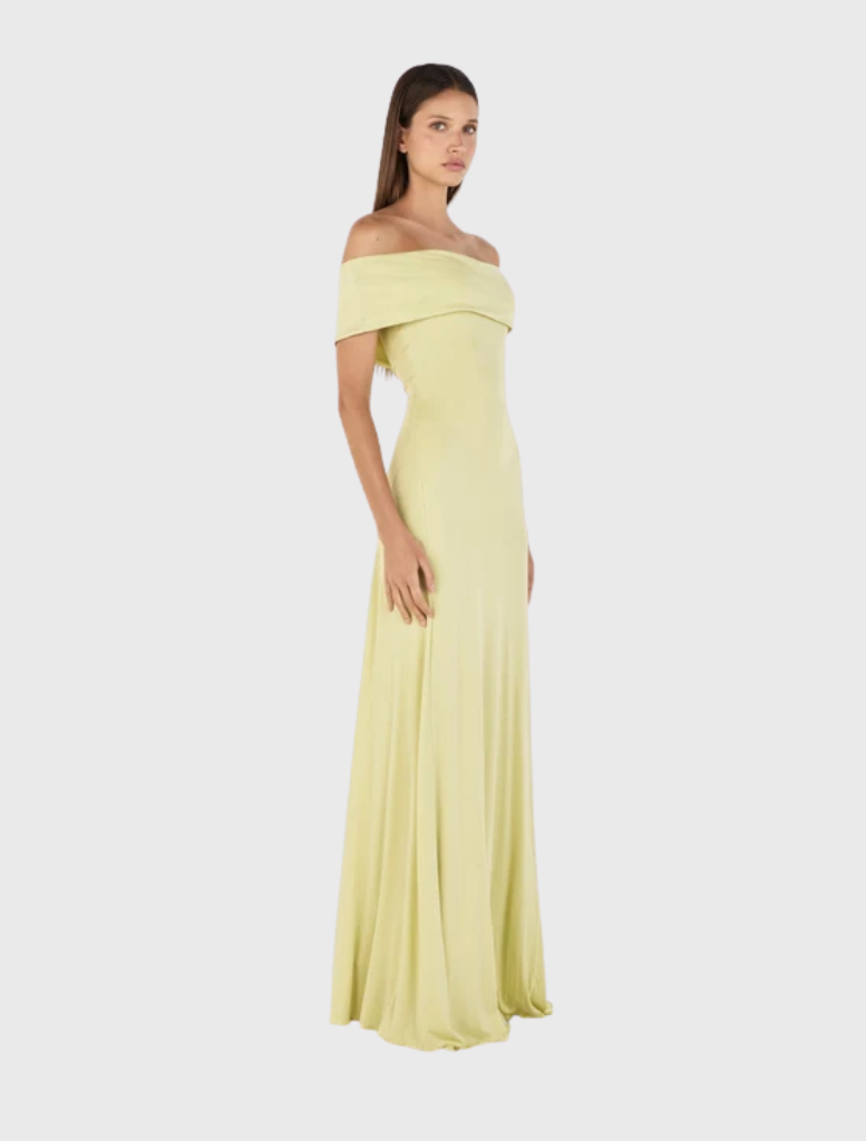 Off-the-shoulder kiwi maxi dress, fitted through body and sleeves, flaring at hem, with overlay bust detail and fully lined.