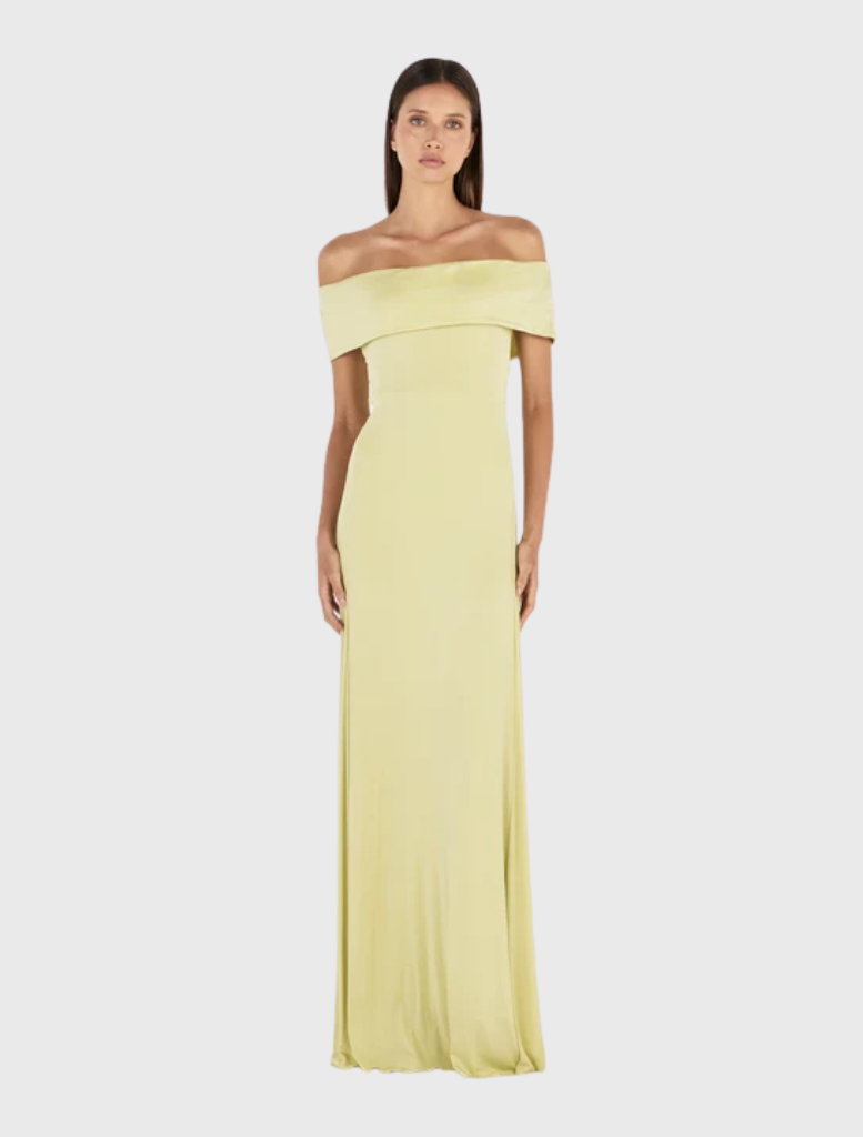 Stylish kiwi maxi dress with off-the-shoulder neckline, fitted silhouette, flared hem, and fully lined for a refined finish.