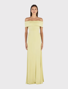 Off-the-shoulder kiwi maxi dress, fitted through the body, flaring at the hem, with overlay bust detail and fully lined.