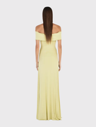 Kiwi maxi dress featuring off-the-shoulder neckline, fitted design, flared hem, and fully lined for a polished look.