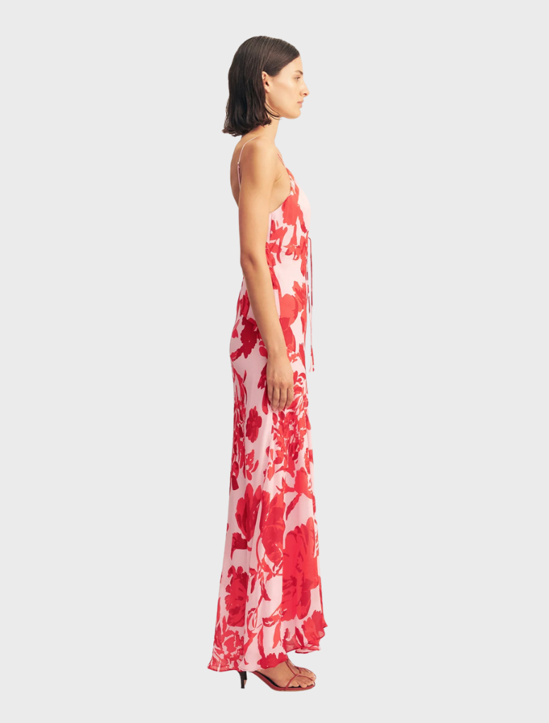 Aleyna Plunged Maxi Dress in vibrant geranium red, showcasing a deep V-neck and a graceful, floor-length style.