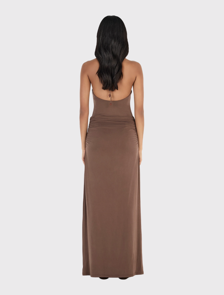 Chocolate Alison Maxi Dress with a fitted bodysuit, draped skirt, and adjustable beaded halter tie for a stylish look.