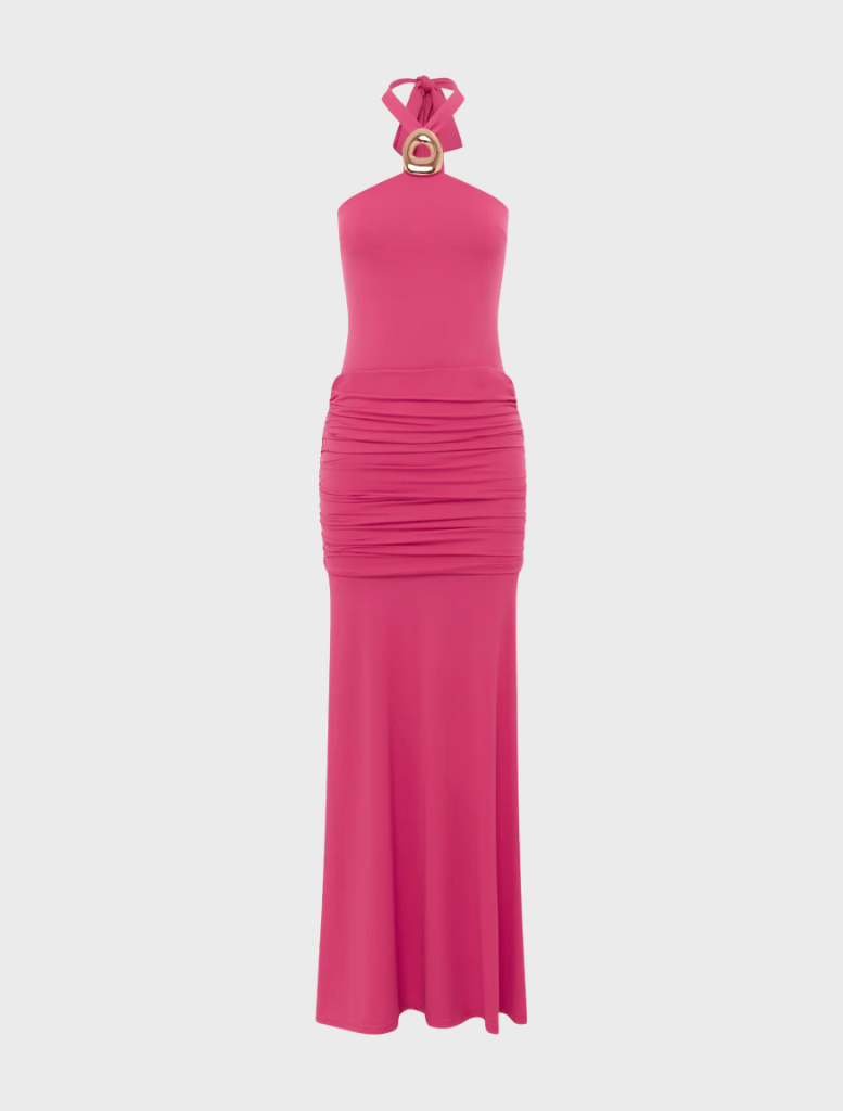 Elegant hot pink maxi dress featuring a halter neck and ruched design, ideal for warm weather occasions.