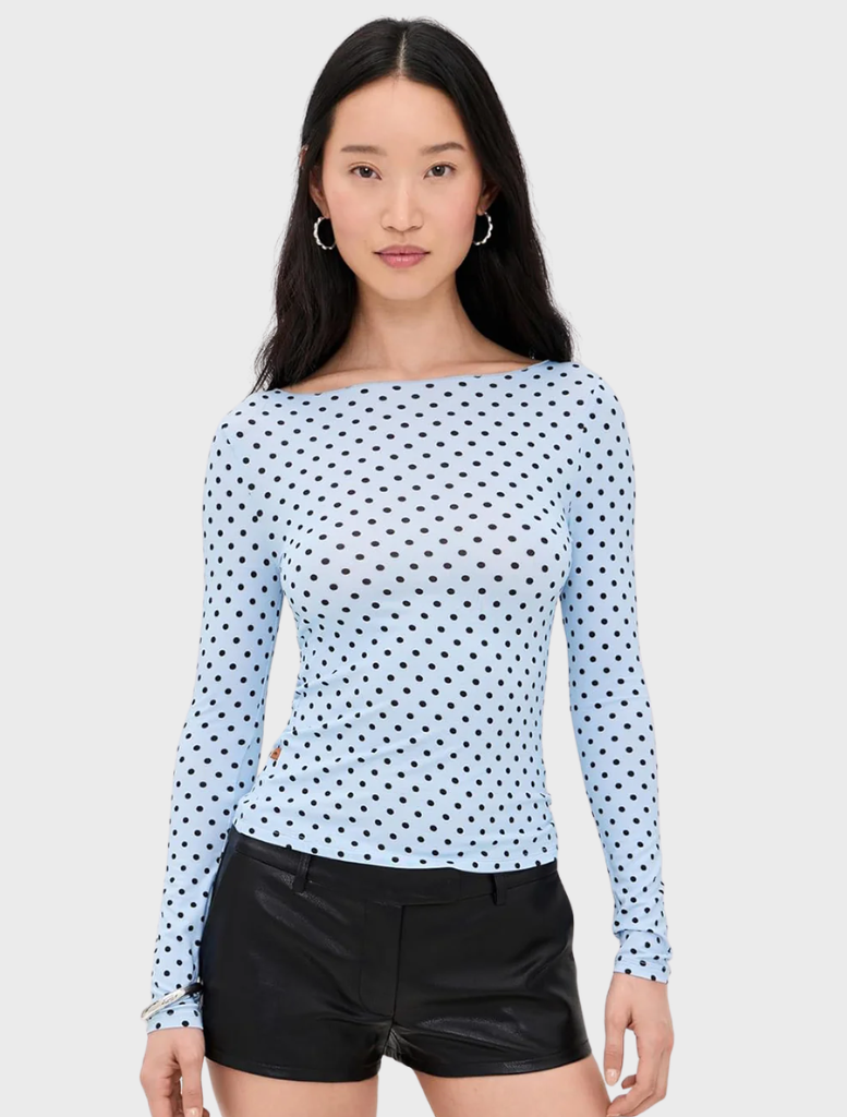Amelia Top featuring a blue fabric adorned with small white dots, showcasing a stylish and playful design.