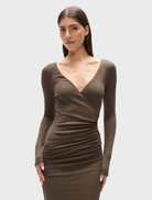 Elegant martini-colored Anya maxi dress, showcasing a long, flowing design perfect for formal or casual events.