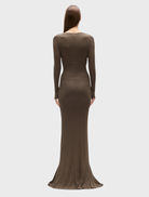 Stylish martini-colored Anya maxi dress, characterized by its long length and chic design for any special occasion.