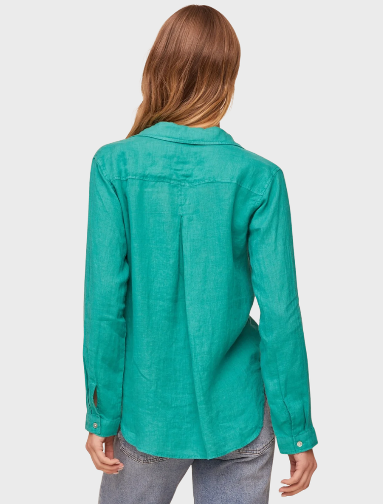 Front view of an aqua green pocket button-down shirt, illustrating its simple yet stylish appearance.