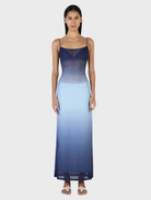 Ocean gradient Arabella midi dress featuring a flowing silhouette and soft hues of blue and green.