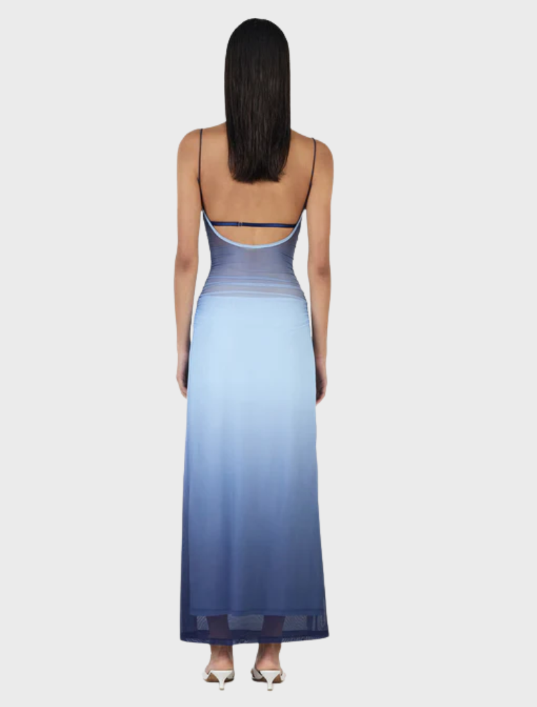 Stylish Arabella midi dress in ocean gradient, featuring a soft blend of blue and green for a chic, flowing look.