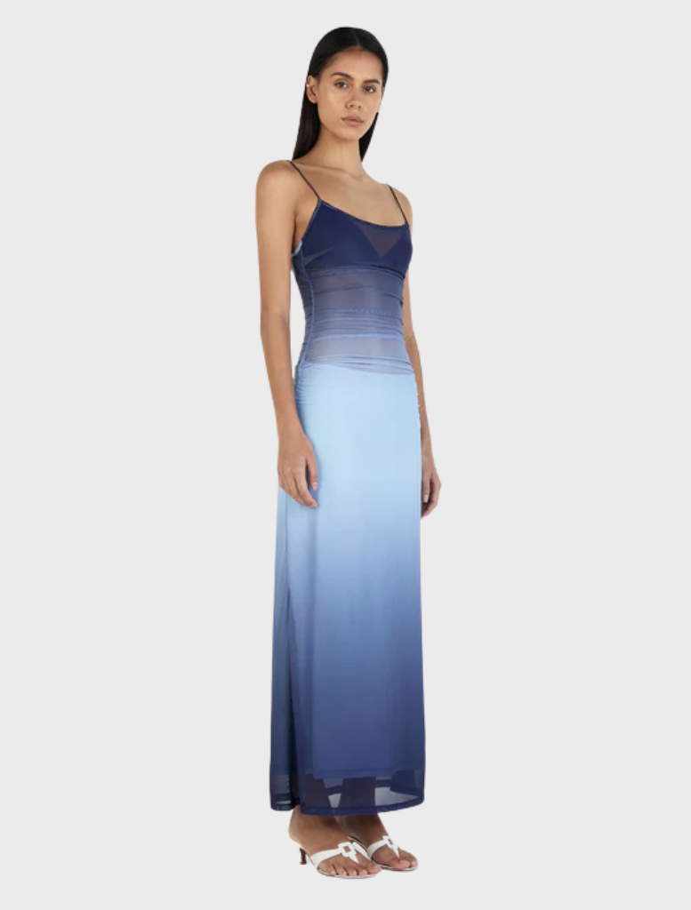 Arabella midi dress with an ocean gradient, displaying a beautiful transition of blue and green colors in a stylish cut.