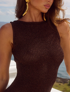 Elegant sleeveless mini dress in choc metallic, showcasing a contemporary style for special occasions.