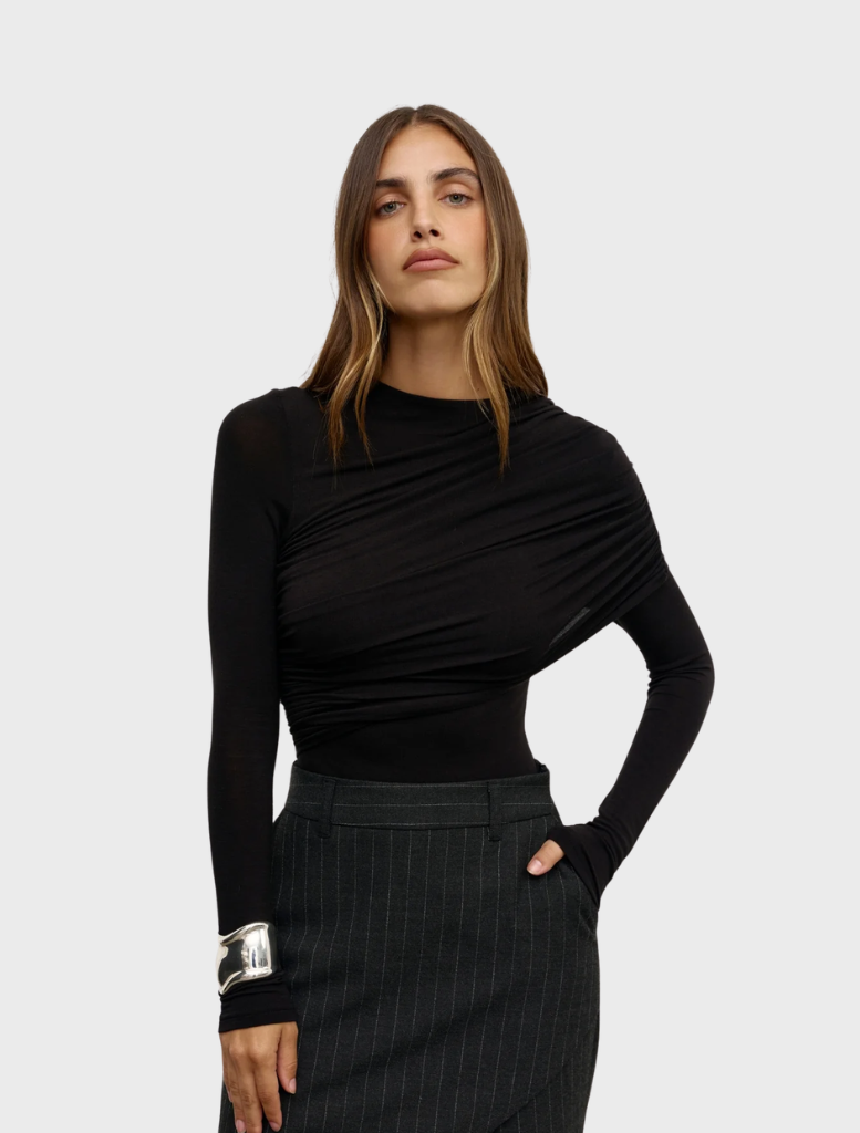 Elegant Ariya bodysuit in shadow hue, designed for a flattering fit and contemporary fashion statement.
